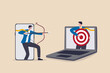 Remarketing or behavioral retargeting in digital advertising, online ads that will follow target audience across all using devices, businessman from mobile app aiming target and other computer laptop.