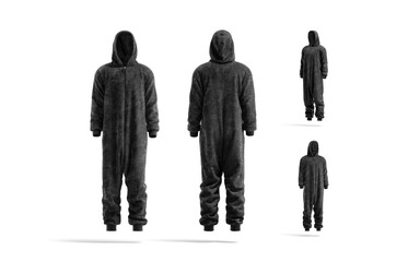 Sticker - Blank black plush jumpsuit with hood mockup, different views