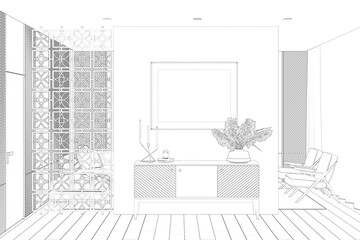 Sketch of the luxury apartment suite lounge room with a horizontal poster over a curbstone, a door, wall panels, a decorative partition, a sofa, armchairs, and curtains in the background. 3d render