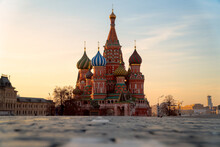 Saint Basil Cathedral At Red Square During Sunrise In Moscow At Russia