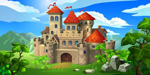 Wall Mural - A stone medieval castle among green hills. Castle with defensive towers and walls.