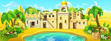 Arab Town In An Oasis Near A Lake And Palm Trees. An Old Muslim City In The Sandy Desert. Vector Illustration.