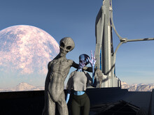 Illustration Of A Grey Alien Standing Close To A Blue Skinned Female Alien With His Arm Around Her Shoulders While She Waves.