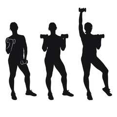 Wall Mural - Vector silhouette of woman working out with dumbbells. Girl doing fitness exercises with weights for muscles of arms. 