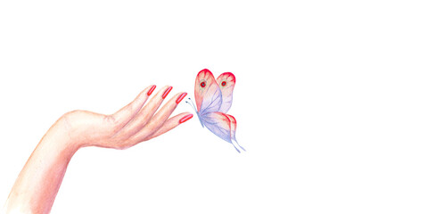 Beautiful woman's hand with red manicure nails with colorful butterfly isolated on white background