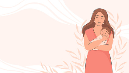 Wall Mural - Banner about pregnancy and motherhood with place for text. Woman holding baby in her arms. Happy Mother's Day.  Flat vector illustration.
