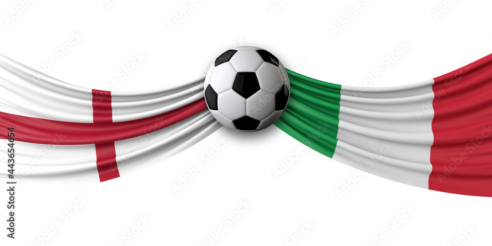 England Vs. Italy soccer match. National flags with football. 3D Rendering - obrazy, fototapety, plakaty 