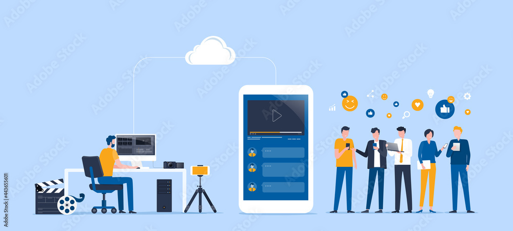 flat vector illustration video editor team working and making a video clip for online upload and share work on cloud with group people target on social network concept - obrazy, fototapety, plakaty 