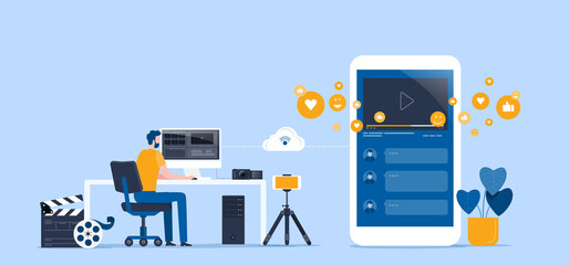 Wall Mural - flat vector illustration video editor team working and making a video clip for online upload and sha