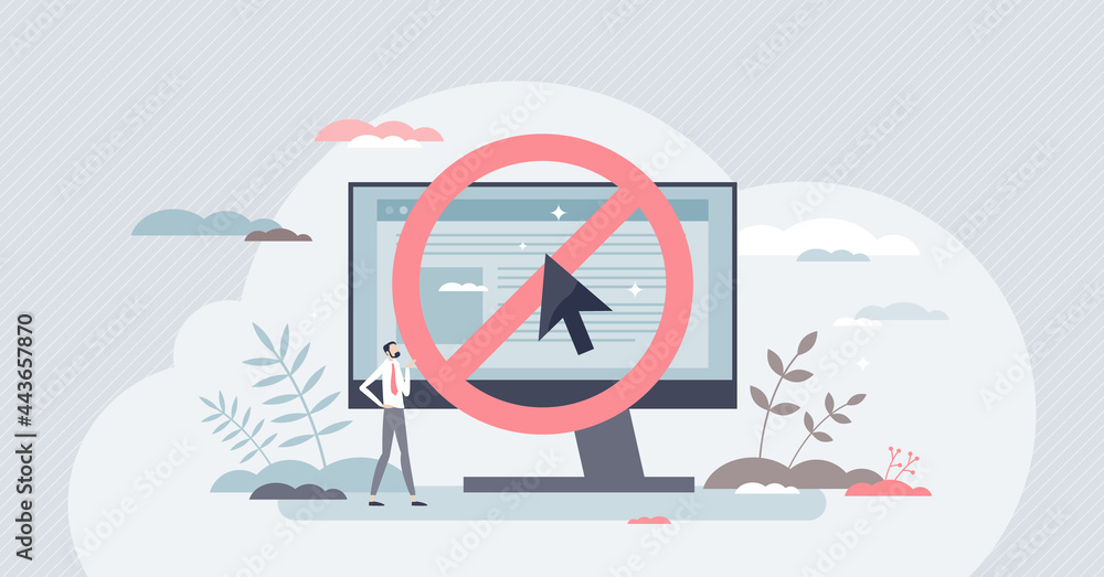 Banned website and forbidden risky internet browser site tiny person concept. Suspicious online warning notification to control illegal content vector illustration. Digital notice with blocked message - obrazy, fototapety, plakaty 