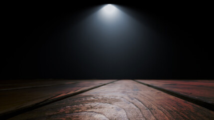 Wall Mural - Dark abstract background with wooden surface. Spotlight, smoke, fog