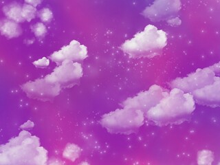 sky texture background with clouds and bright and fantasy stars of pink, blue and purple color