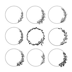 Wall Mural - Set of round floral frames. Vintage laurel wreaths. Plants wreaths with leaves, branches, berries. Decorative doodle elements for design. Vector illustration  isolated on white background