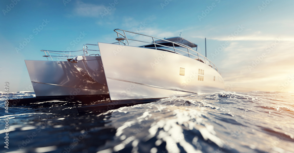 Catamaran motor yacht on the ocean - obrazy, fototapety, plakaty 