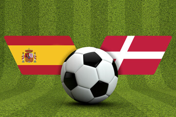 Denmark Vs. Spain soccer match. National flags with football. 3D Rendering