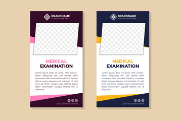 Wall Mural - Set of vertical layout banner design template for medical examination training. diagonal rectangle shape for space for photo. pink, red, yellow and blue element. white background. 