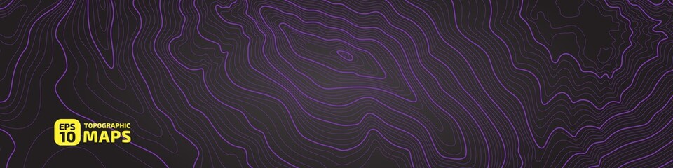 Wall Mural - Stylized outlines of topographic lines. The concept of a conditional geographic scheme and trails of the area. Purple on black. Ultra wide size. Vector illustration.