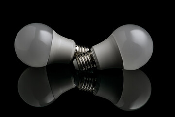 Two white matte energy-saving light bulbs lie in their plinths together.