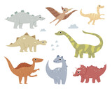 Fototapeta Dinusie - Jurassic reptiles. Pastel colors. Brachiosaurus, ptereosaurus, tyrannosaurus, spinosaurus, talarus.Cute flat dinosaur set. 
