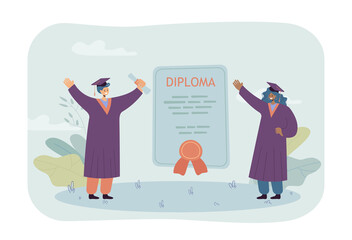 Poster - happy graduates with huge diploma. certificate between standing female students in graduation caps f