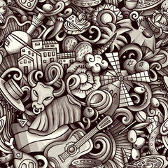 Cartoon doodles Spain seamless pattern. Backdrop with Spanish culture items