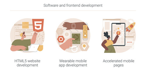 Software and frontend development abstract concept vector illustration set. HTML5 website development, wearable mobile app, accelerated mobile pages, responsive landing design abstract metaphor.