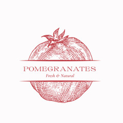 Wall Mural - fresh pomegranate organic fresh fruit abstract vector sign, symbol or logo template. hand drawn frui