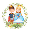 Watercolor illustration of a cute little prince and princess in a blue dress. Little girl and boy surrounded by watercolor floral wreath. Isolated.