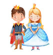 Watercolor illustration of a cute little prince and princess in a blue dress. Little girl and boy surrounded by watercolor floral wreath. Isolated