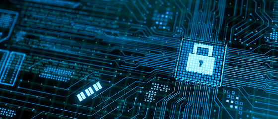 microchip processing data through computer motherboard circuit with fully protection pad lock symbol