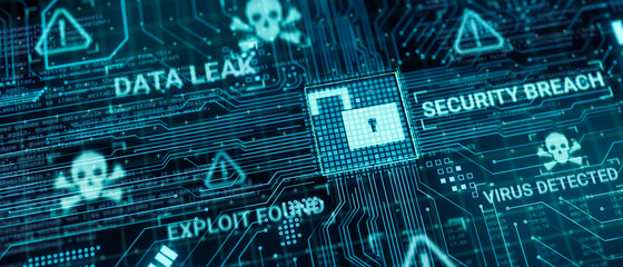 Hacker attack computer hardware microchip while process data through internet network, 3d rendering insecure Cyber Security exploit database breach concept, virus malware unlock warning screen