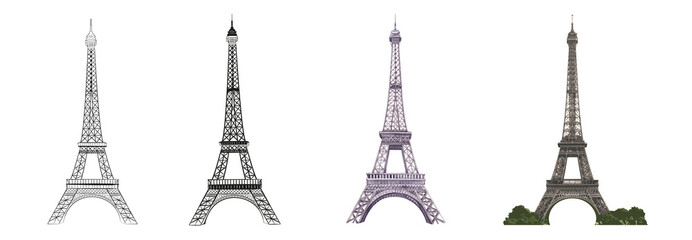 Wall Mural - Set of differents Eiffel tower on white background. Watercolor, line art, outline illustration.