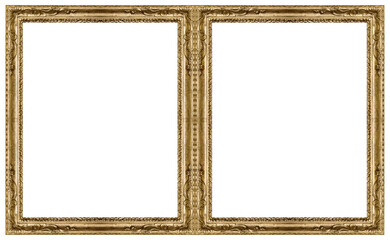 Wall Mural - Double golden frame (diptych) for paintings, mirrors or photos isolated on white background. Design element with clipping path