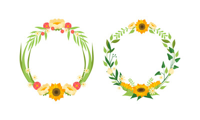 Wall Mural - Flower Round Frame with Copy Space Set, Floral Border Made of Yellow Flowers and Green Leaves Cartoon Vector Illustration