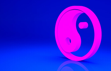 Wall Mural - Pink Yin Yang symbol of harmony and balance icon isolated on blue background. Minimalism concept. 3d illustration 3D render