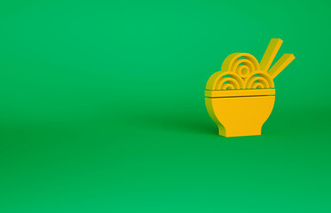 Sticker - Orange Asian noodles in bowl and chopsticks icon isolated on green background. Street fast food. Korean, Japanese, Chinese food. Minimalism concept. 3d illustration 3D render