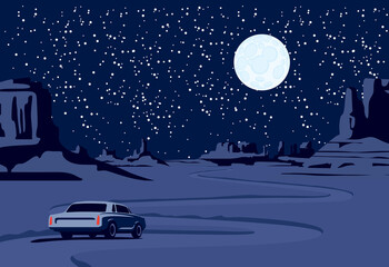 Night landscape with a deserted valley, mountains, a winding road with a single passing car and a full moon in a starry sky. Decorative vector background on the theme of the Wild West nature