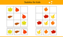 Sudoku For Kids With Autumn Leaves. Educational Game For Children. Vector Illustration