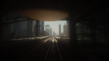 Wall Mural - Metro In Dubai, United Arab Emirates. FPV POV At Fast Speed Drive Motion. driverless metro in blurred motion. futuristic city skyline in UAE. Long Exposure Time Lapse, Timelapse, Time-lapse, street