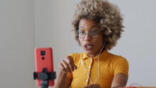 Black Blogger Woman Recording Video For Social Networks With A Mobile Phone While Explaining. Content Creator, Influencer, Streaming	