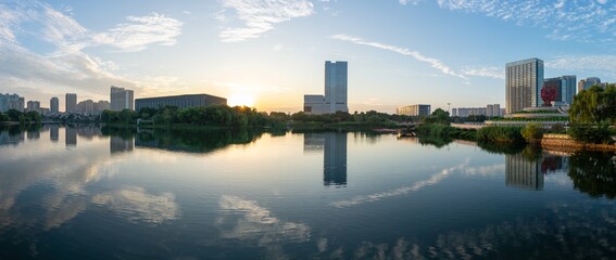 Skyline by Baijia lake at sunrise in Nanjing city in summer