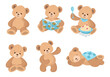 Set of 6 Teddy Bear. Kids types activity. Cute Teddy collection. Vector