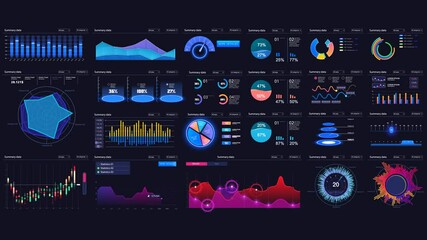 Fototapete - Different UI, UX, GUI mobile screens modern infographic. Template dashboard infographic, charts, graph and graphic UI, UX, KIT elements. Info chart elements for online statistics and data analytics.