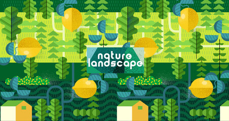 Wall Mural - Nature and landscape. Vector art abstract illustration of village, trees, bushes, lemon, for poster, background or cover. Agriculture and garden
