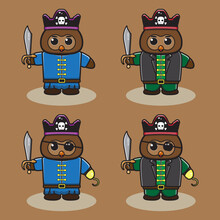 Vector Illustration Of Cute Owl Pirate Captain Cartoon Set. Good For Icon, Logo, Label, Sticker, Clipart.