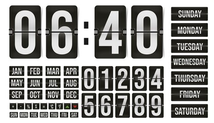 Flip flap clock number, calendar day, month, calculator sign. Analog counter, scoreboard panel, automatic mechanical watch timer device vector illustration isolated on white background