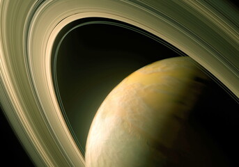 Wall Mural - Saturn halo rings dark sunlight in space Mimas Titan meteorite