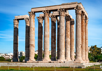 View of the Temple of Olympian Zeus aka the Olympieion or Columns of the Olympian Zeus, a former colossal temple at the center of Athens, Greece.