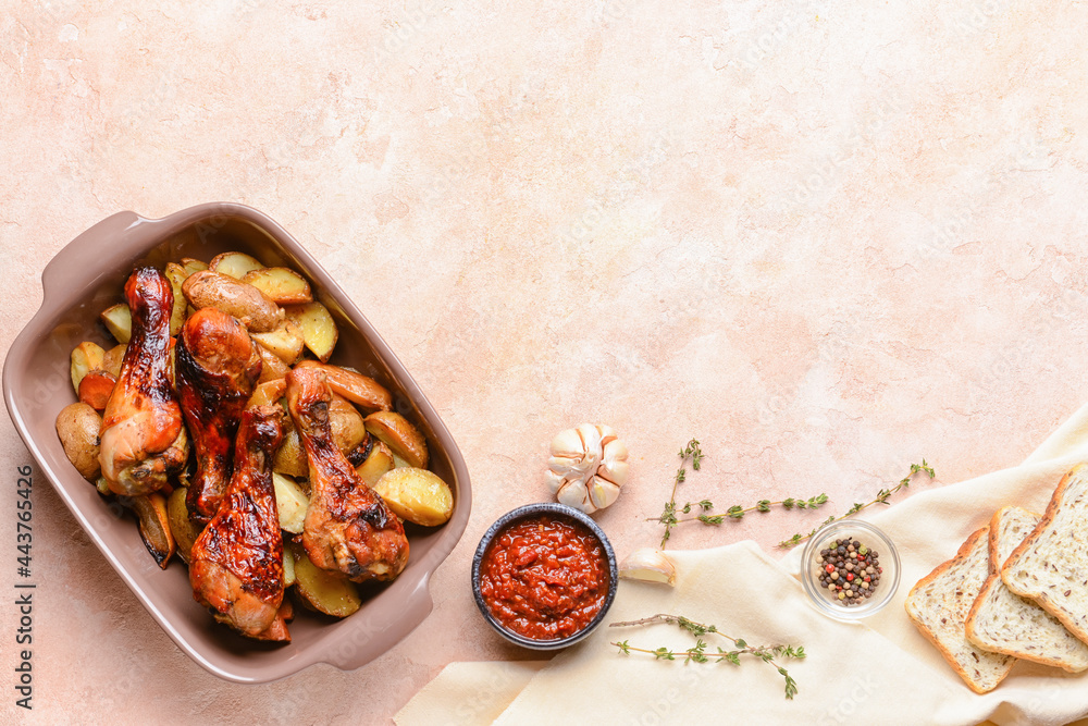 Baking dish with roasted chicken legs and baked potato on color background