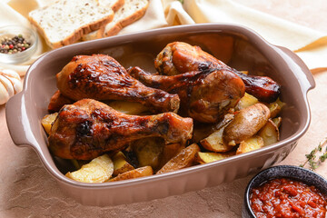 Baking dish with roasted chicken legs and baked potato on light background